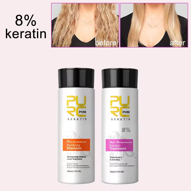PURC Keratin set with 8% keratin purifying shampoo and 8% keratin treatment bottles