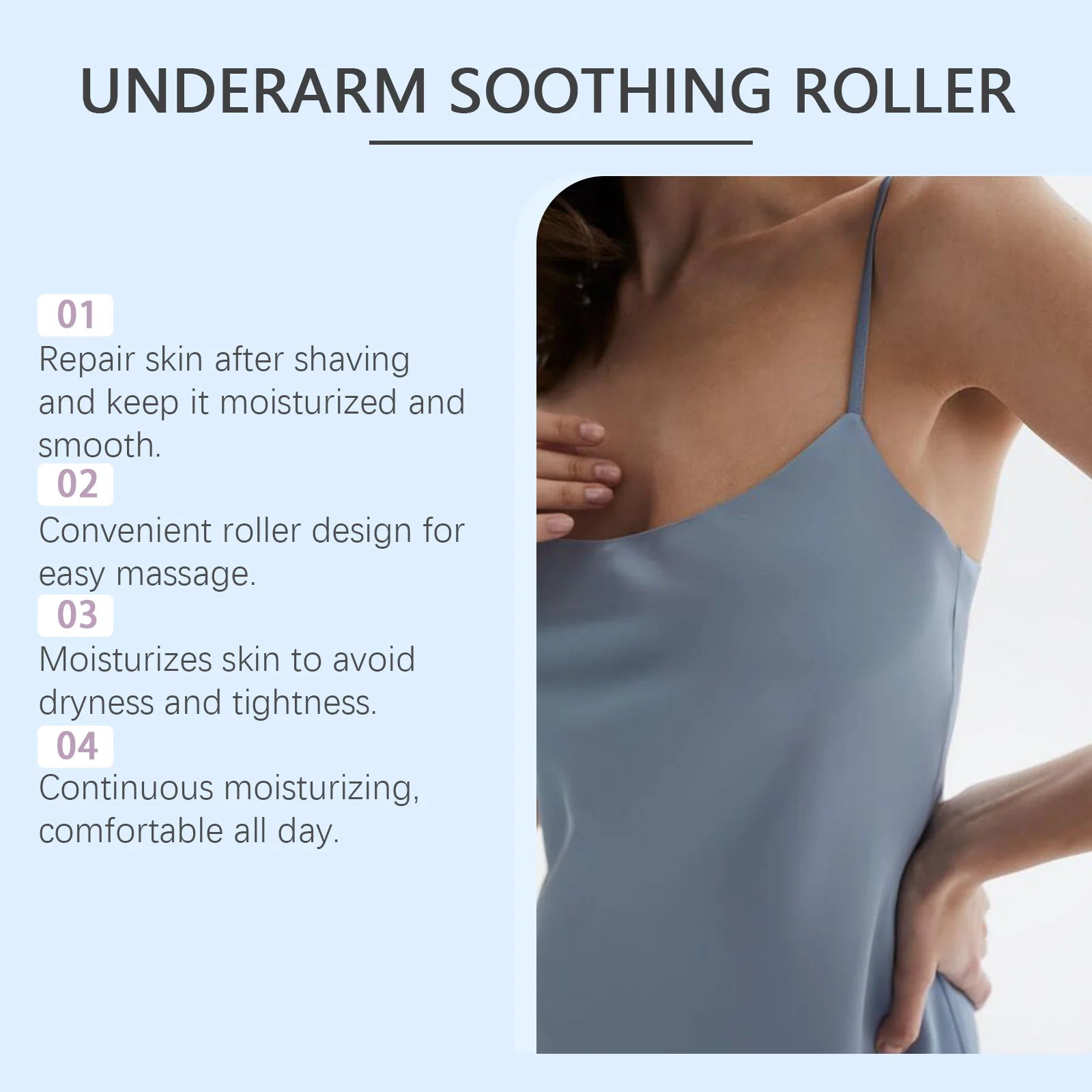 Underarm soothing roller bottle near underarm area on a model