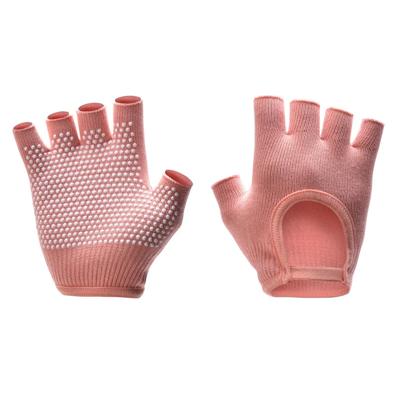 Peach half-finger yoga gloves with white grip dots and open thumb ring