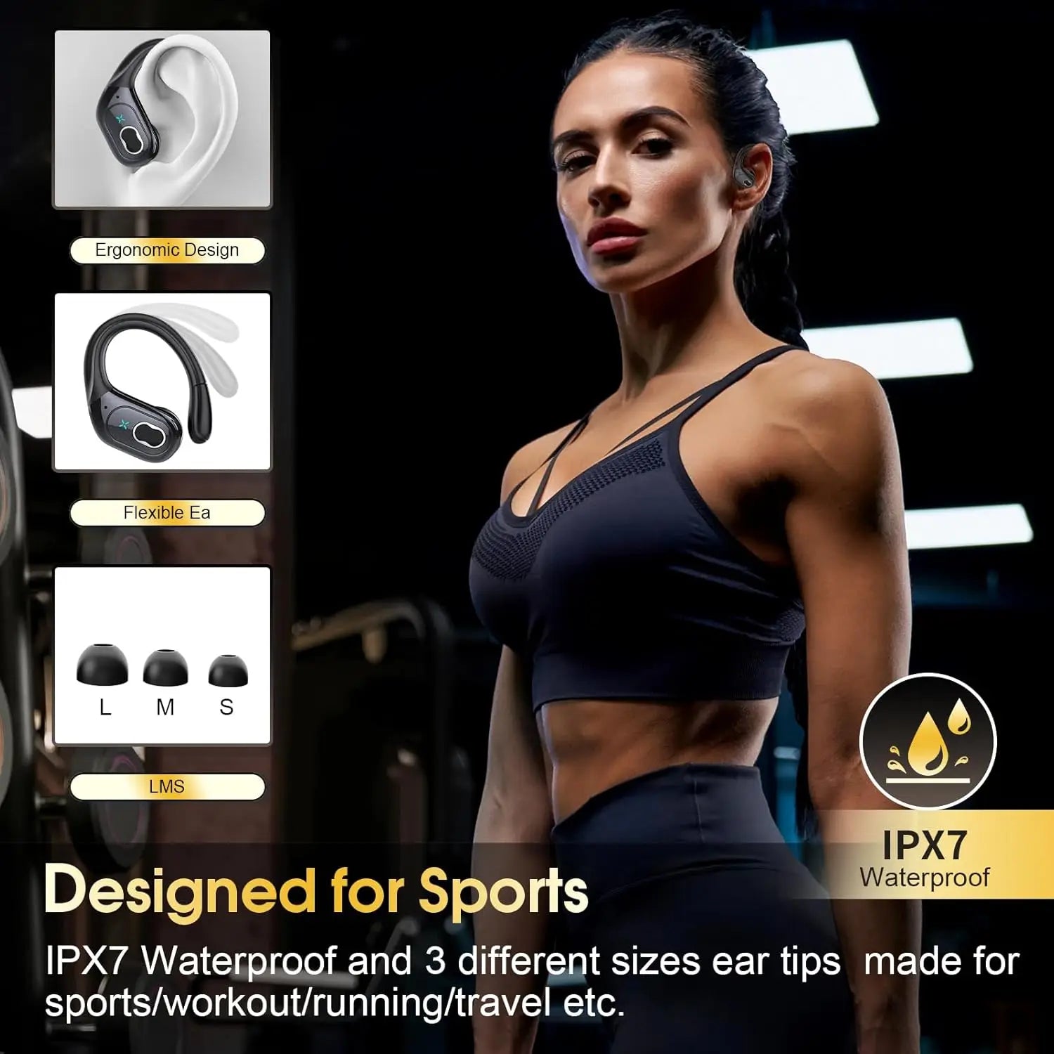 Black sport earbuds with ergonomic design and multiple ear tip sizes