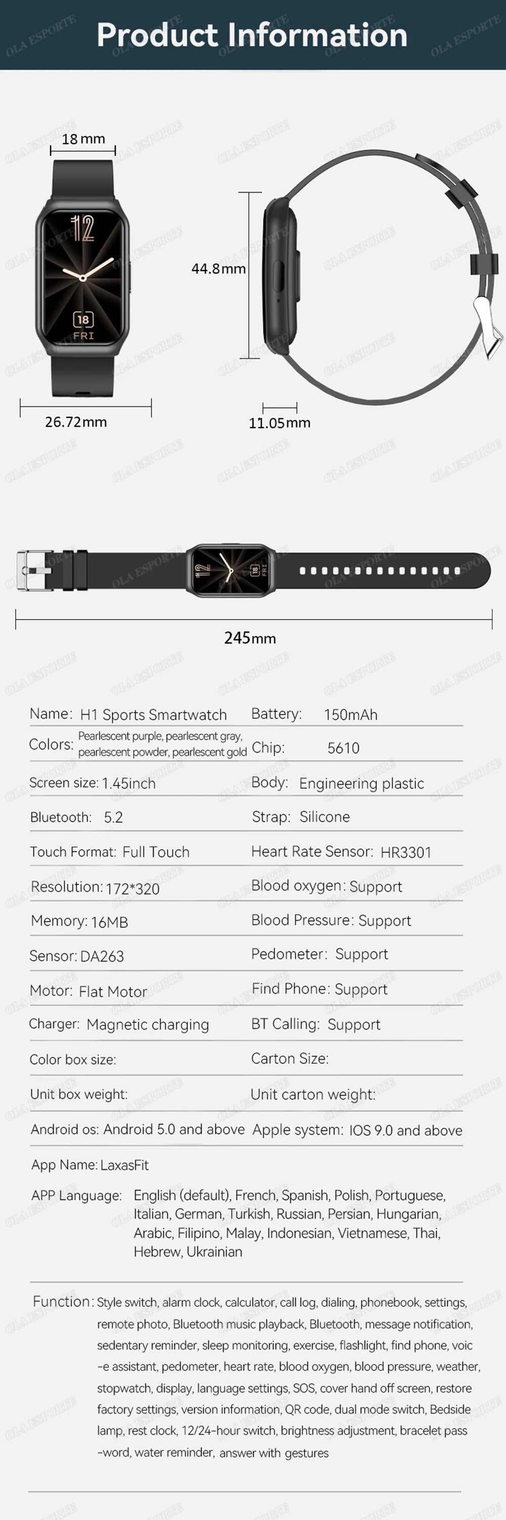 Smart watch product info with black case and strap, measurement diagram