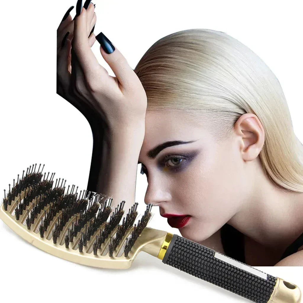 Boar bristle detangling hairbrush with gold cushion and black textured handle