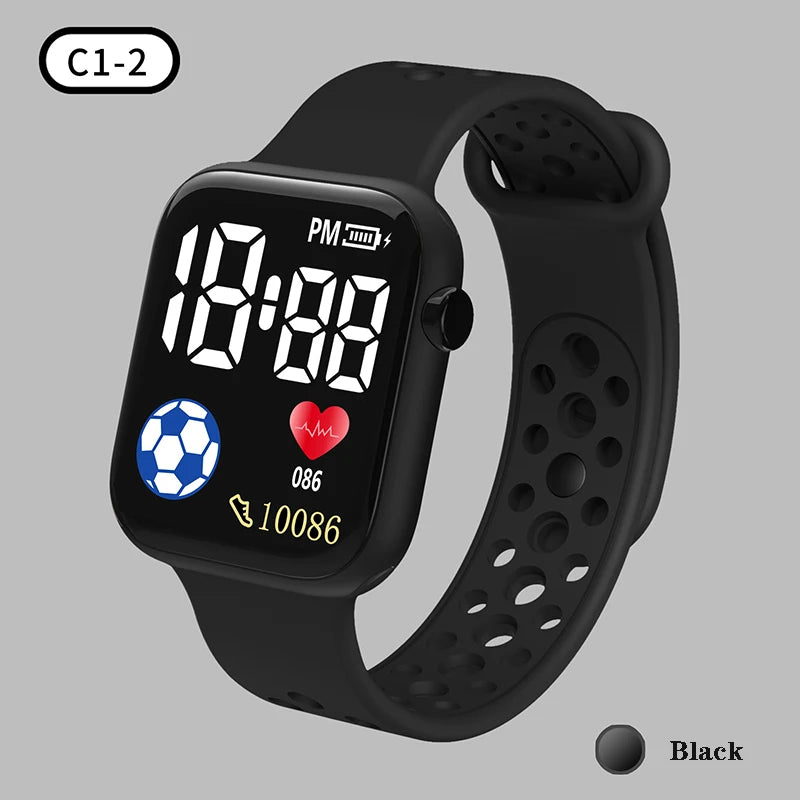 Kids LED digital watch with silicone strap, black case and band, black display screen
