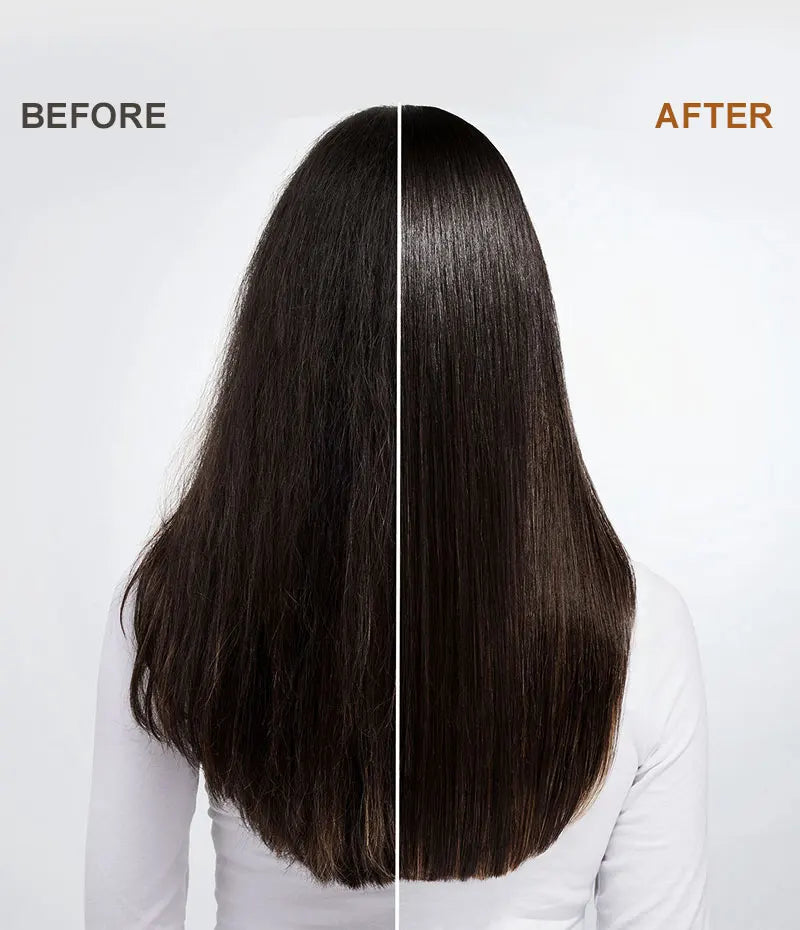 Hair before-and-after split view, showing a smoother look on the right