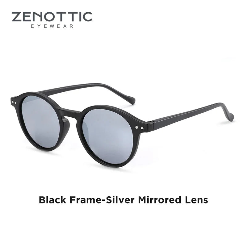 Retro small round sunglasses, silver mirrored lenses, black frame with slim arms