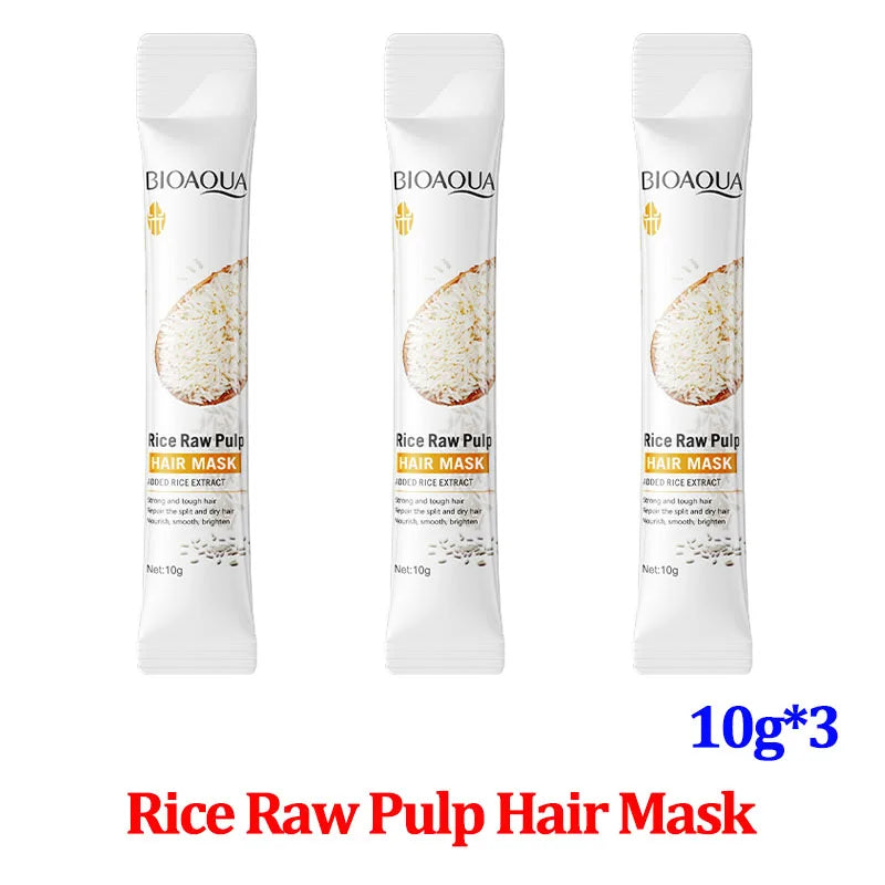 Rice Raw Pulp Hair Mask sachets by BIOAQUA, 10g each, set of 3 for instant repair of damaged hair