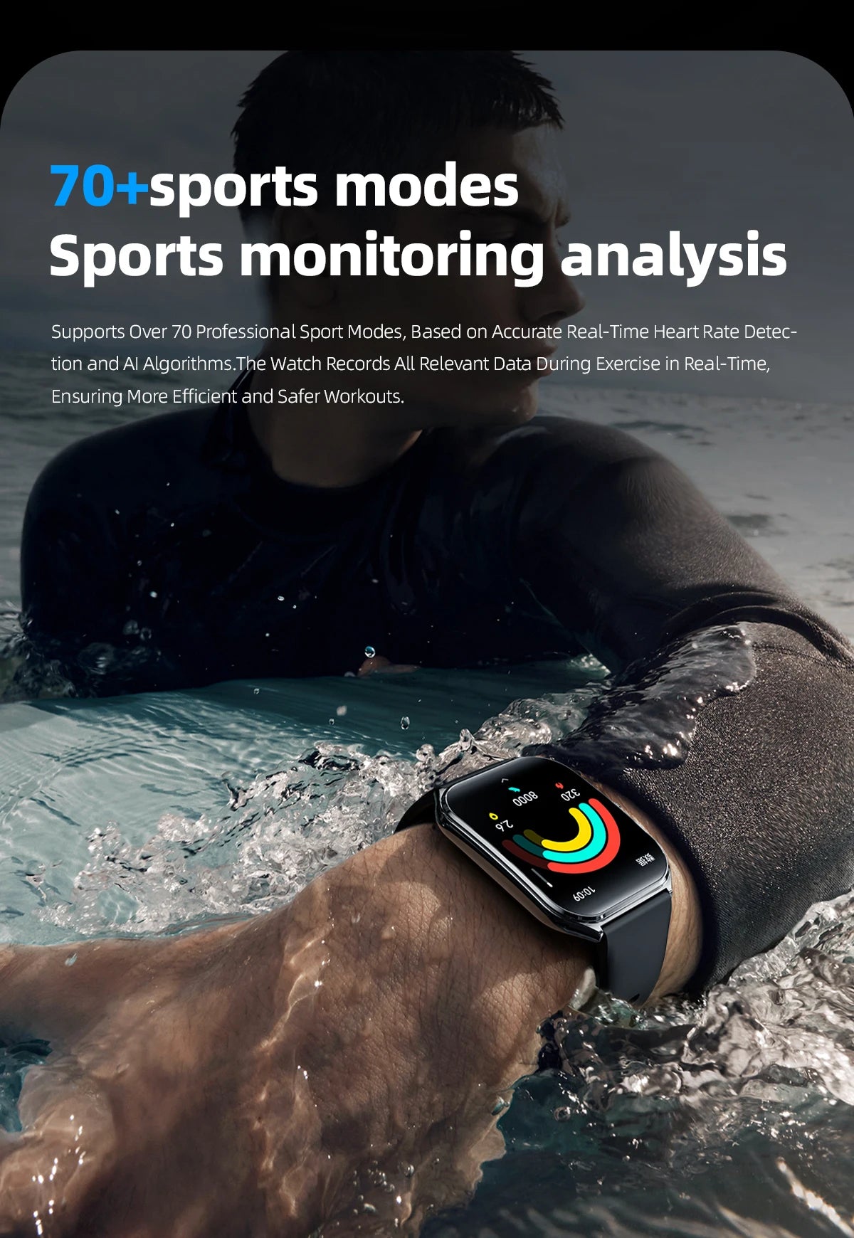 Ultra-thin AMOLED smart watch on wrist with colorful activity gauge, black strap