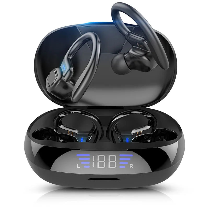 Sports wireless earhook earbuds in open charging case, dark black finish