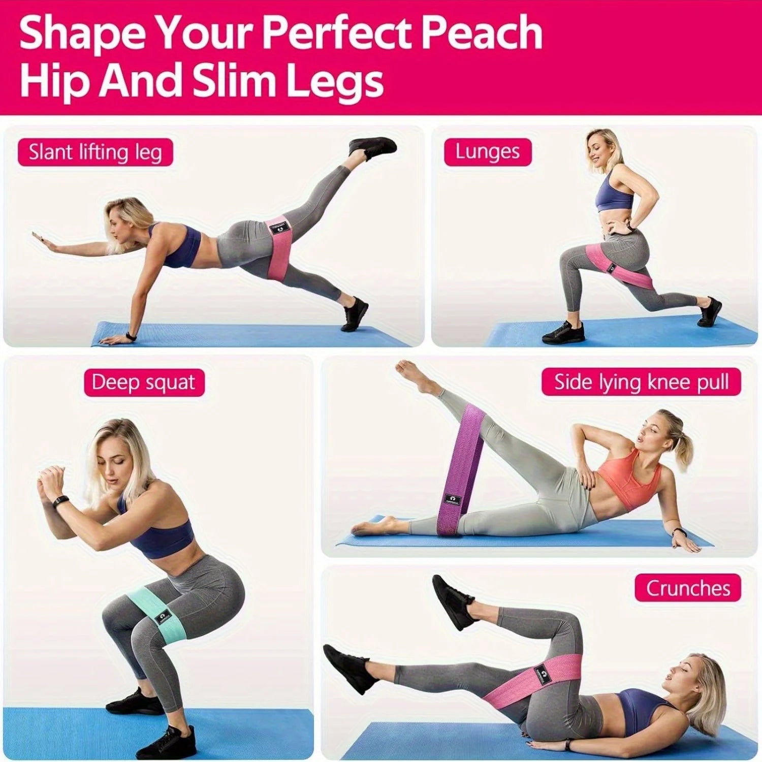Cedar & Moore Fabric Resistance Bands Set, 3-piece booty bands (pink and teal) for legs and glutes