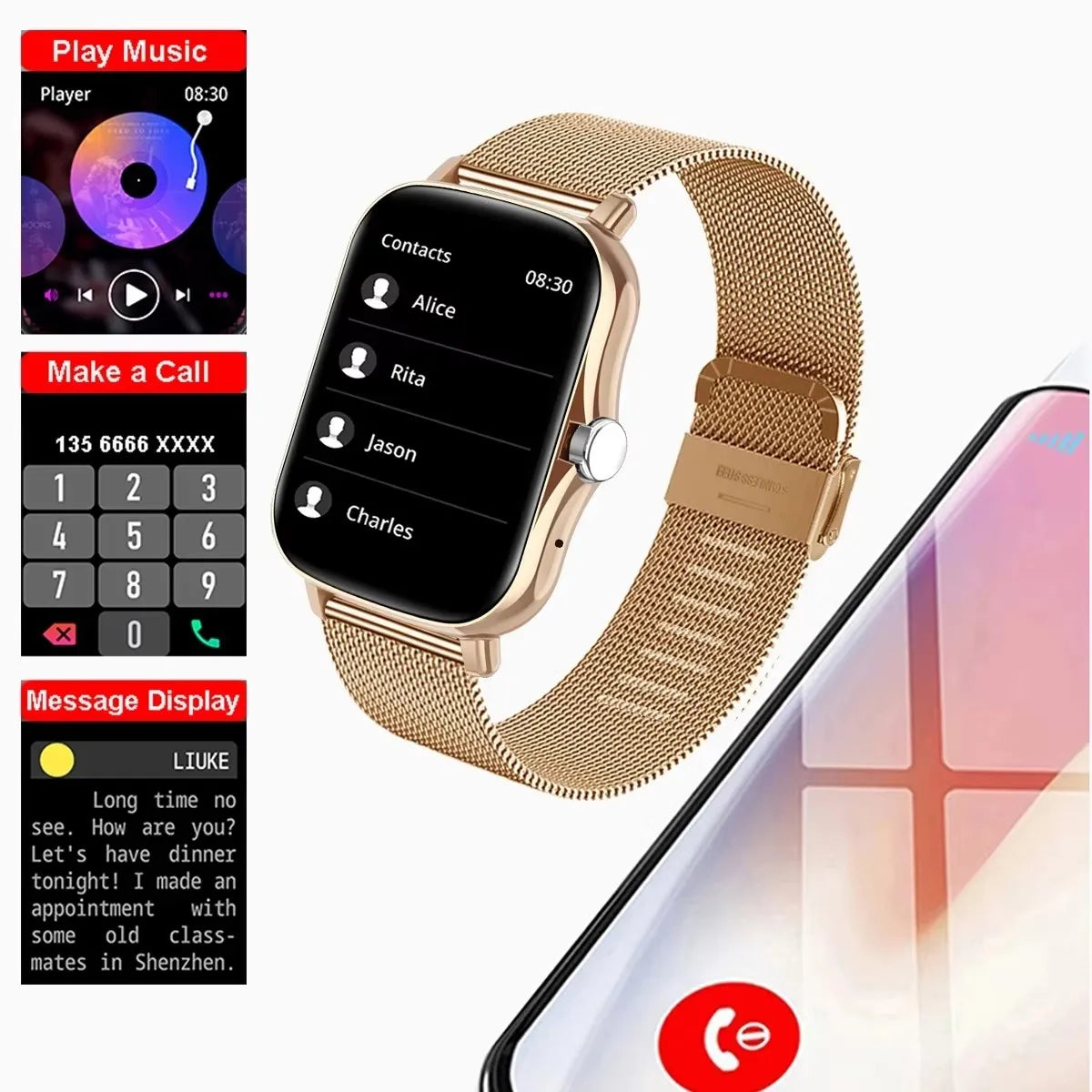 Cedar & Moore multifunctional smart watch with rose-gold mesh band and 1.4-inch OLED display