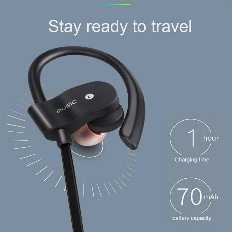 Black neckband sports earbuds with ear hooks, headband and earbuds visible
