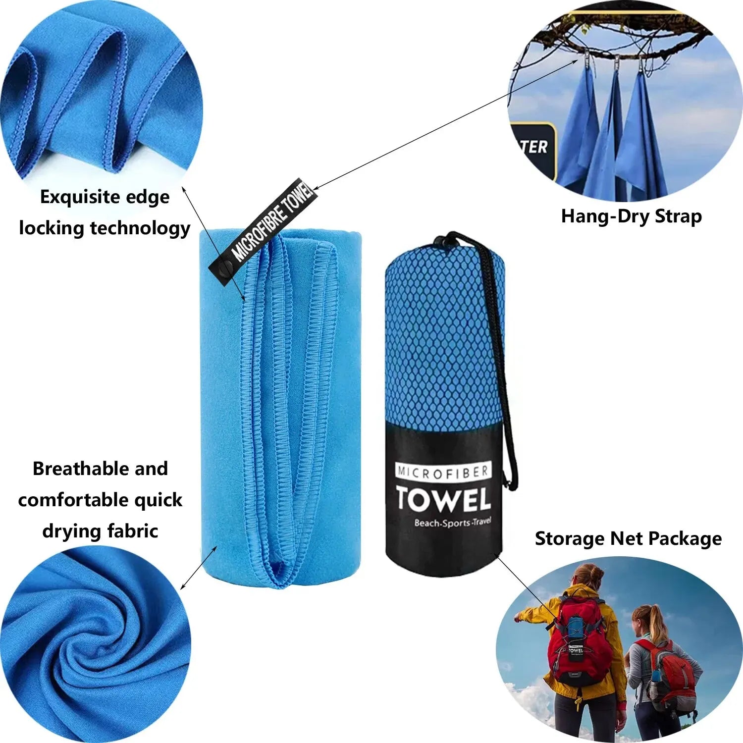 Quick-Dry Microfiber Towel blue two-piece set with storage bag and hang-dry strap; breathable, ultra-absorbent fabric