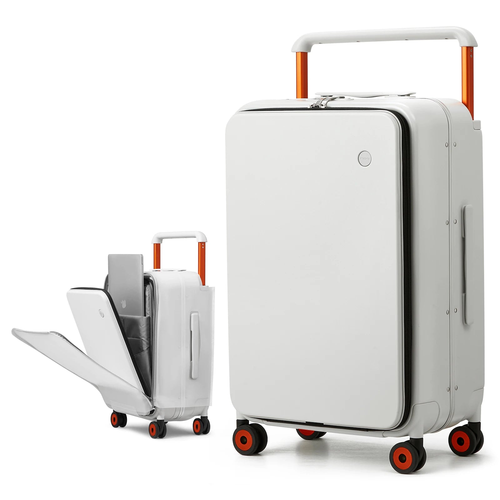 20-inch carry-on suitcase with trolley handle, light gray hard shell, orange corner accents