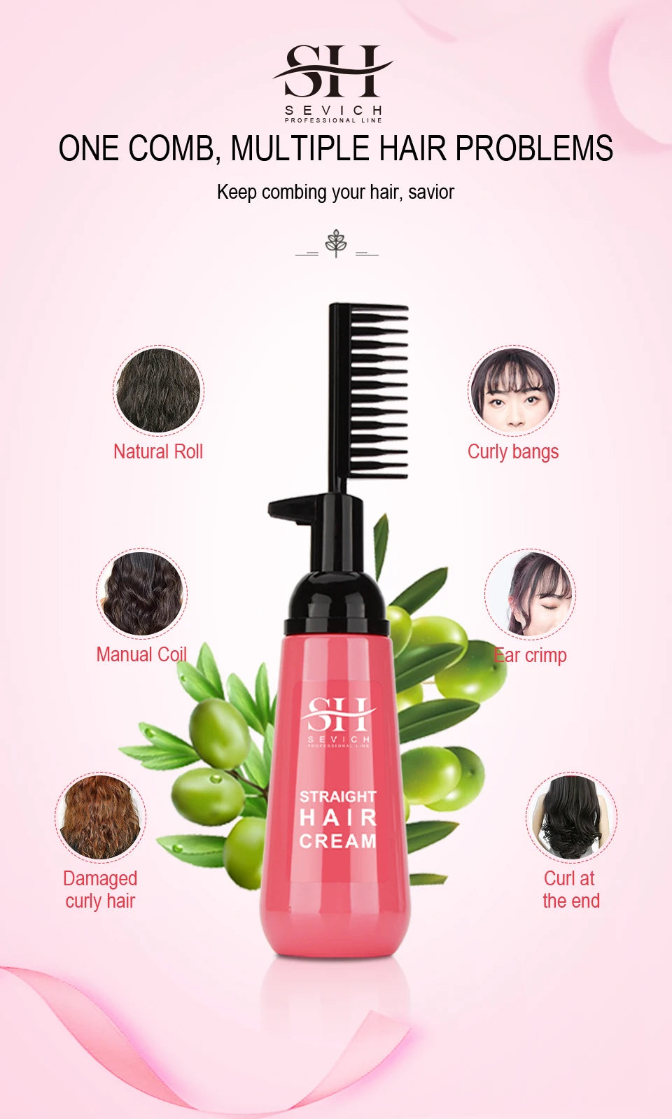 Sevich Keratin Straightening Cream with Comb, pink bottle, 150ml hair treatment