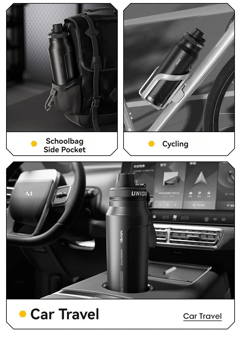 Insulated sports bottle with strap, shown with side pocket and car travel mount