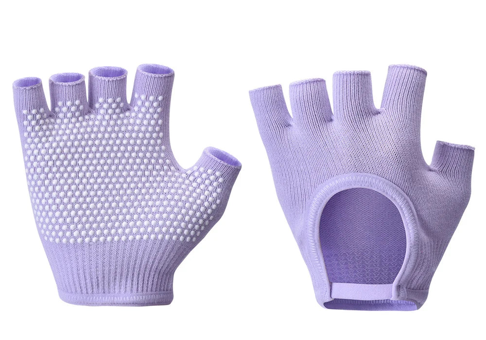Lavender half-finger gloves with white dotted anti-slip palm and round thumb opening