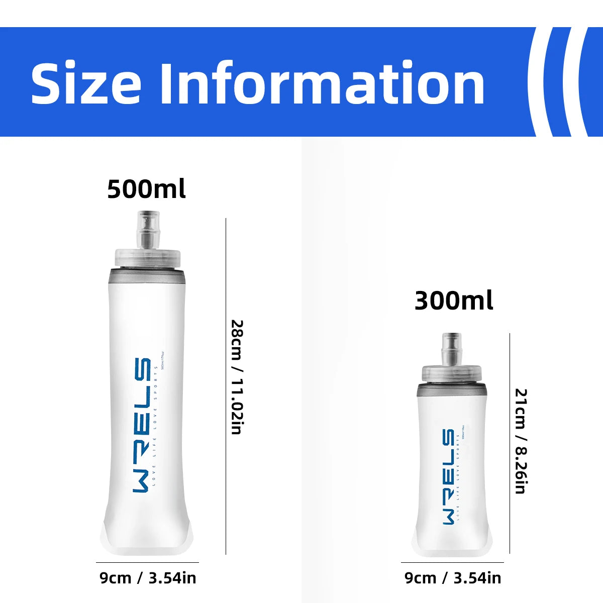 Two collapsible soft flasks with screw caps and frosted translucent bodies, 300ml and 500ml