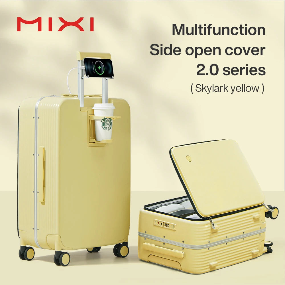 Carry-on suitcase with side-open cover and USB charging port, light yellow, rolling wheels
