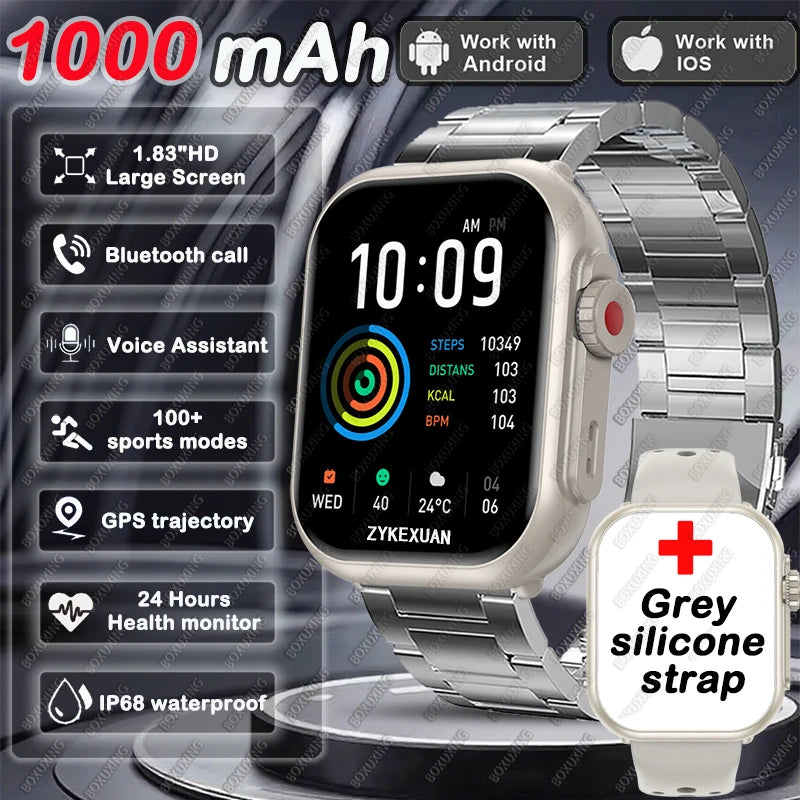 Smart Watch Cedar & Moore with 1.96-inch AMOLED display, Bluetooth calling, health tracking, silver stainless steel band