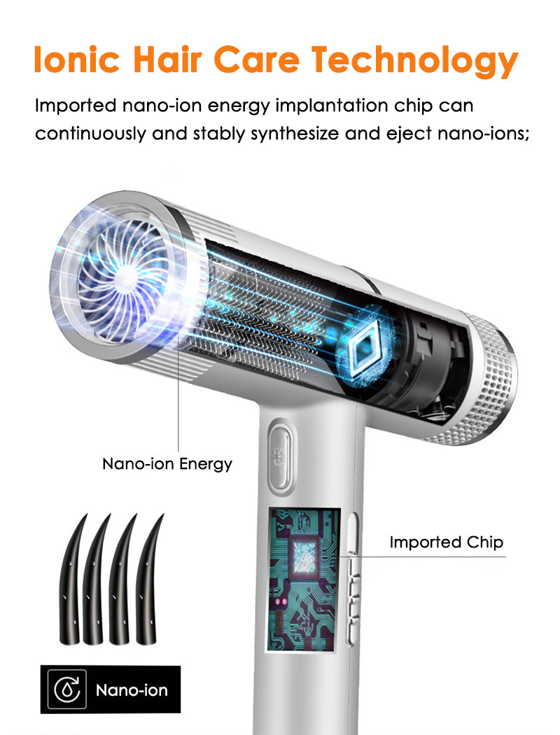Ionic hair dryer with nano-ion energy chip and blue-lit airflow grille