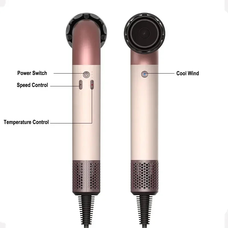 Pink and cream hair dryer controls and cool wind nozzle, front view pair