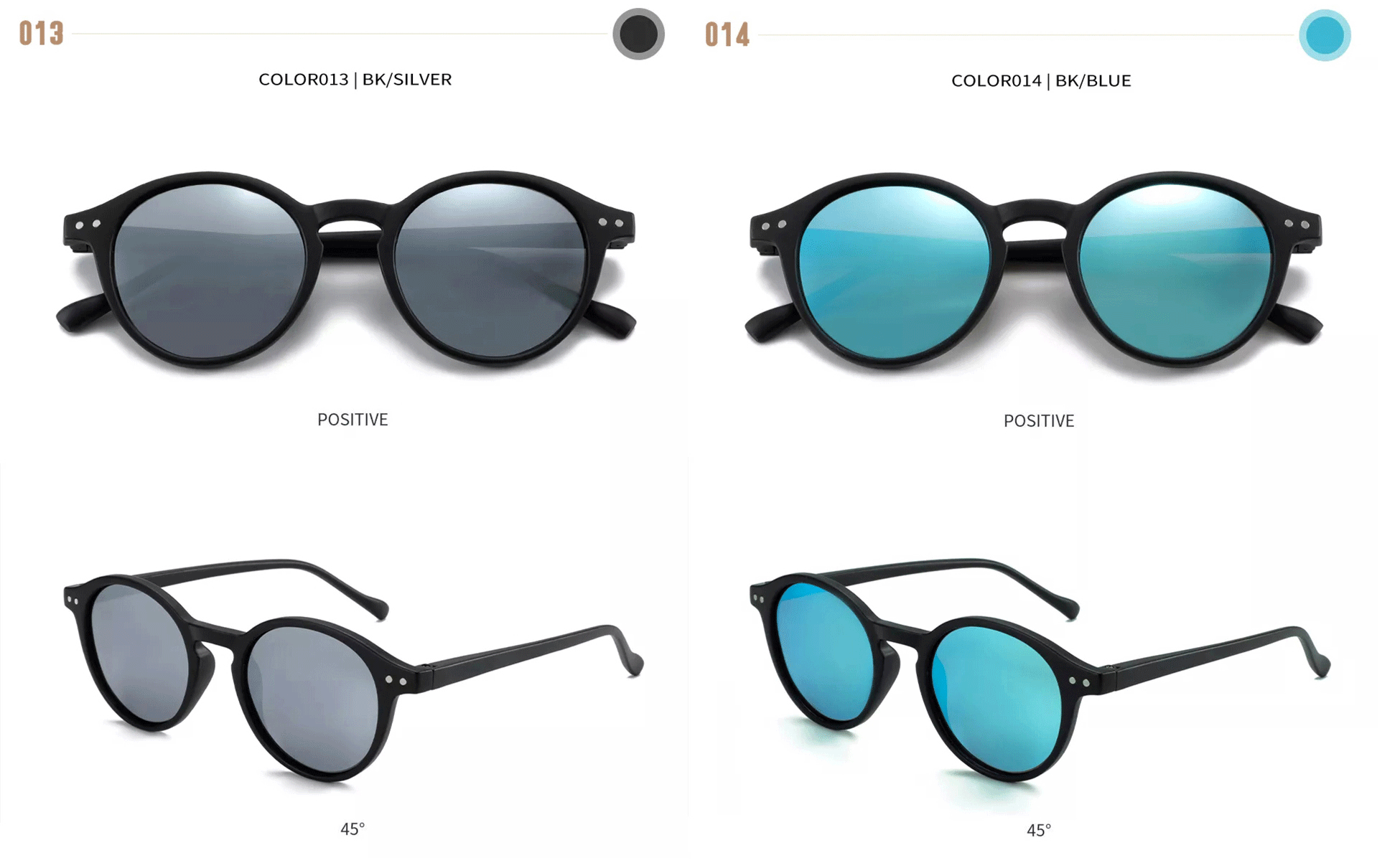 Round sunglasses: black frame with gray lenses and black frame with bright blue lenses.