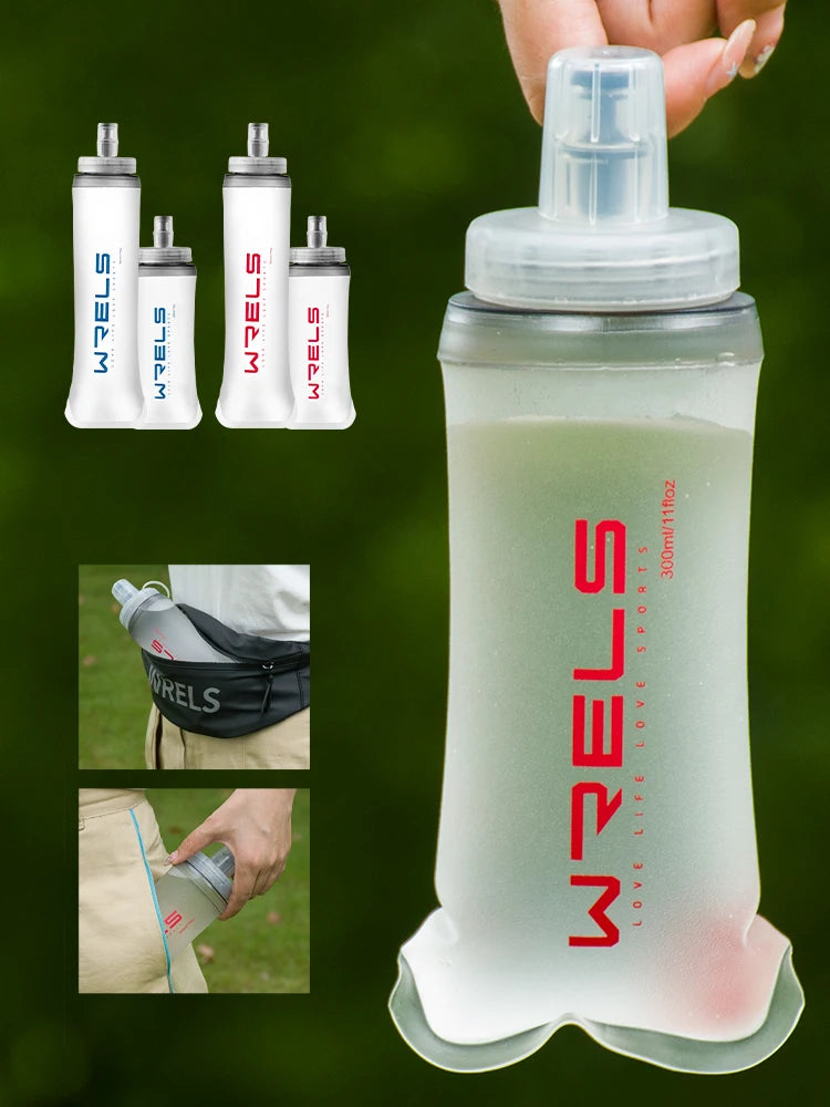 Collapsible soft flask with translucent cap and frosted body, partially filled with liquid