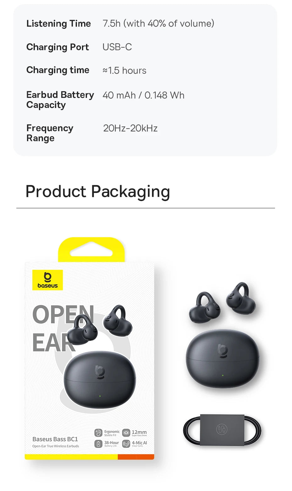 Open-ear clip earbuds retail box showing earbuds, charging case, and included cable