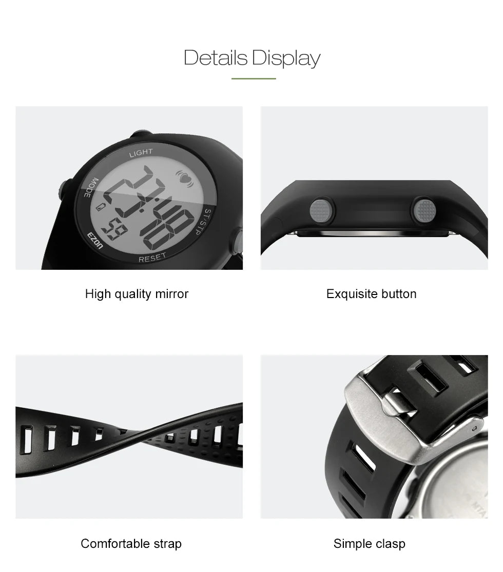 Sports heart rate monitor watch close-up with digital display, side buttons, and strap