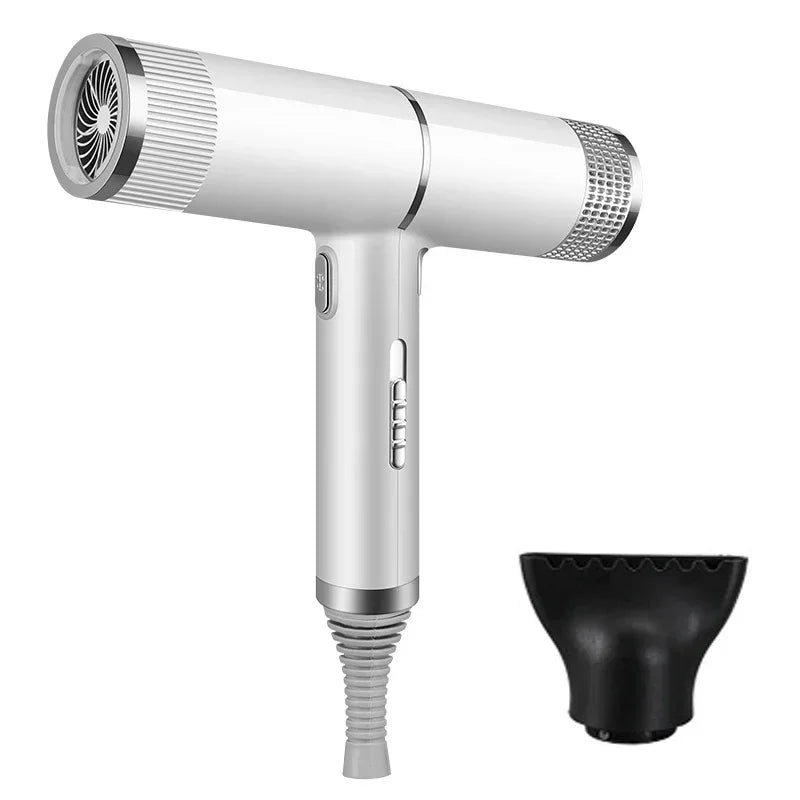 White hair dryer with black diffuser attachment