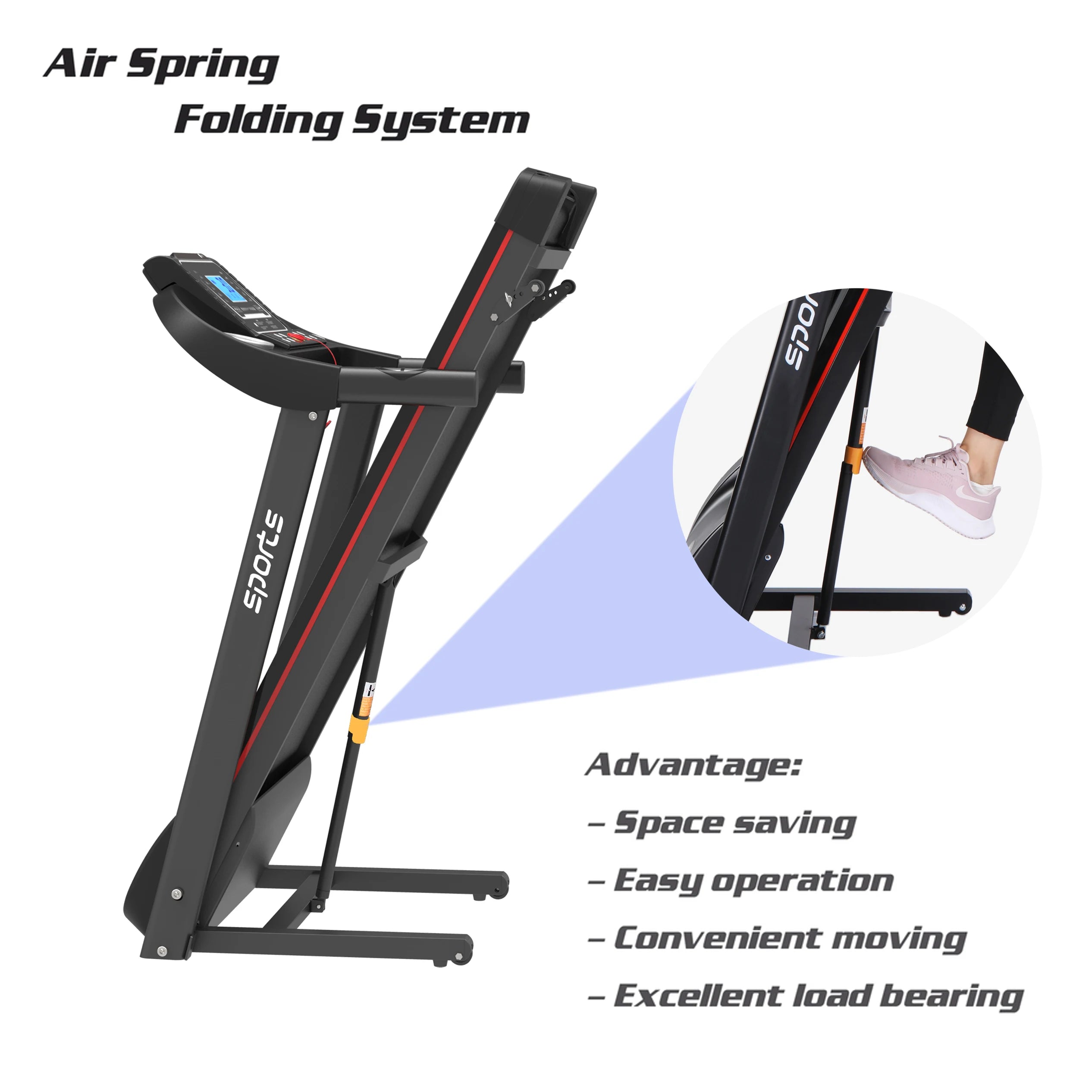 Folding Treadmill, Smart Motorized Treadmill with Manual Incline and Air Spring & MP3, Exercise Running Machine with 5" LCD