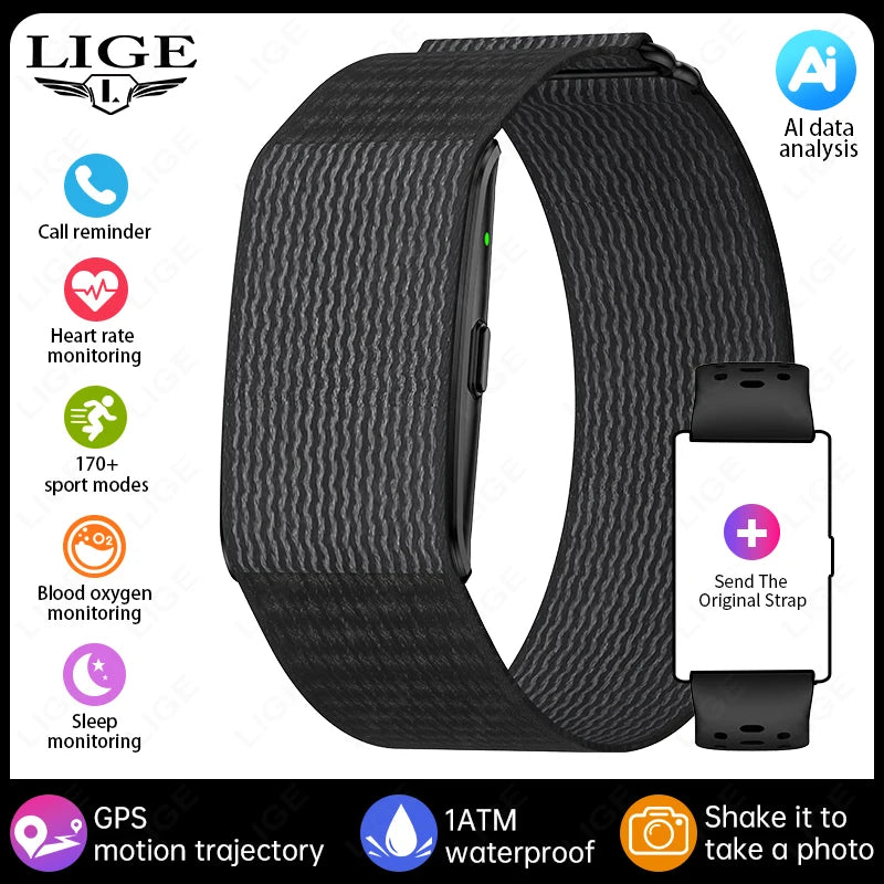 Black smart fitness bracelet with textured woven band and black silicone strap, clasp visible