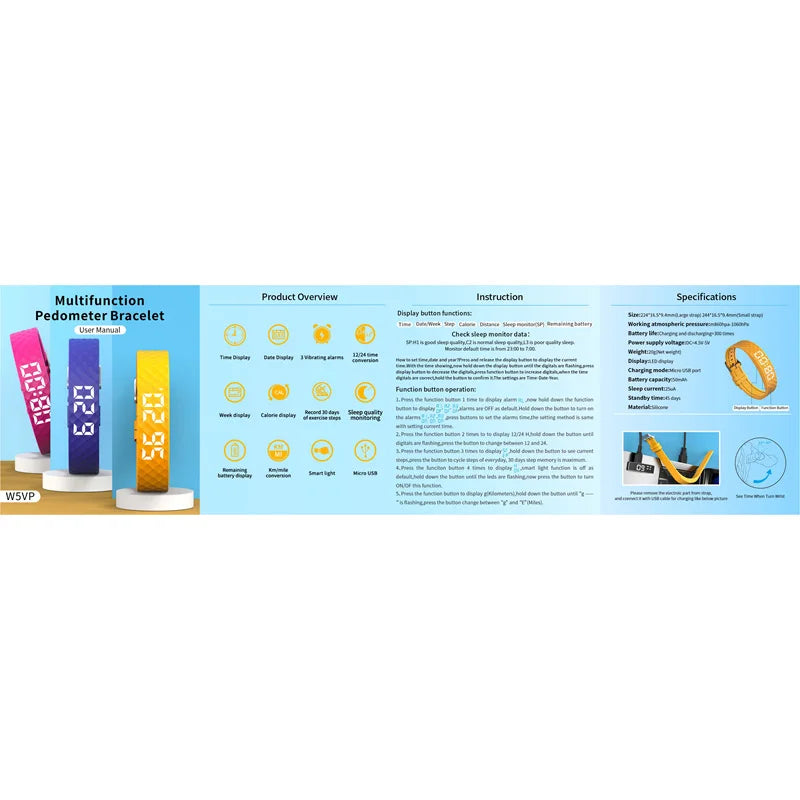 Smart Multifunctional Wristband Fitness Tracking Bracelet IP65 Waterproof Sports LED