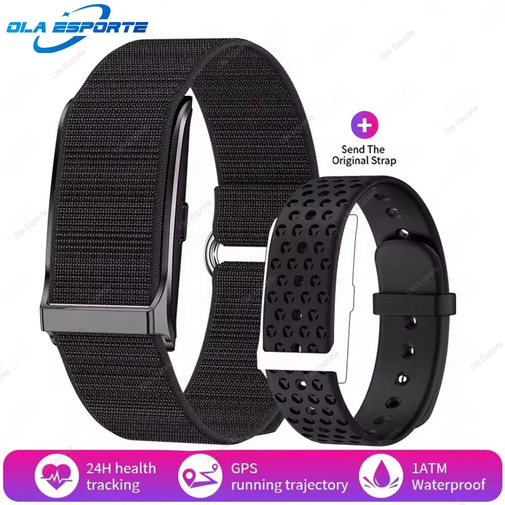 Fitness tracker smartwatch with black fabric strap and dark perforated insert