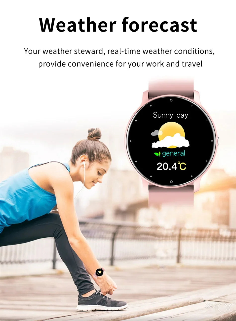 KaiAqua X27 fitness smart watch with pink strap and circular AMOLED display showing weather on screen