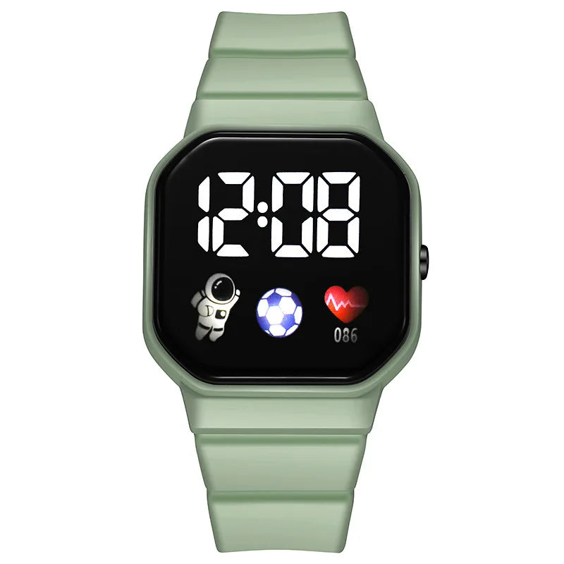 Kids LED digital watch with light green silicone strap and black square digital display