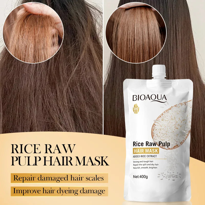 Rice Raw Pulp Hair Mask pouch by BioAQUA; hair treatment product shown with before/after repair visuals.