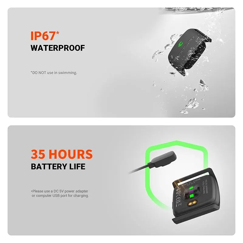 HW9 armband heart rate monitor with waterproof housing and charging cable