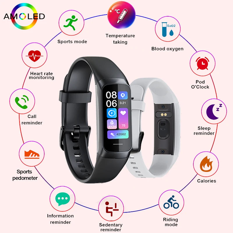 Smart fitness bracelet with black strap and small color AMOLED screen