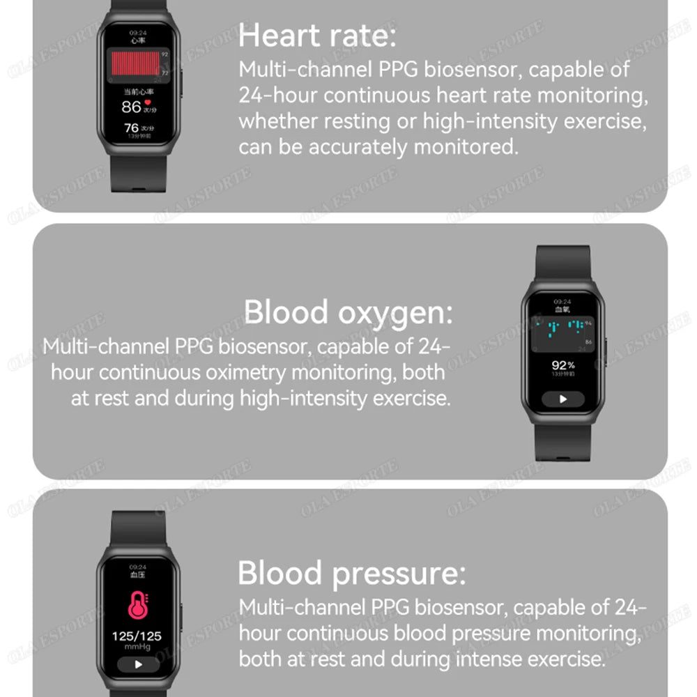 Black smart watch showing heart rate, blood oxygen, and blood pressure screens