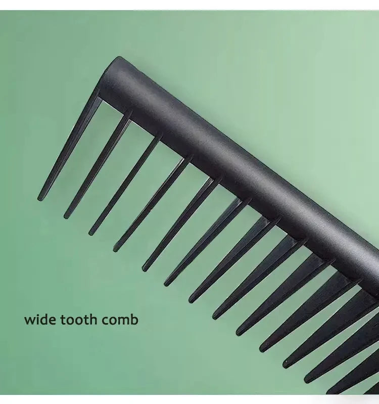 Wide-tooth hair comb with dark handle and evenly spaced teeth