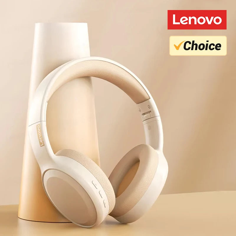 Beige wireless over-ear headphones with foldable headband and cushioned ear pads
