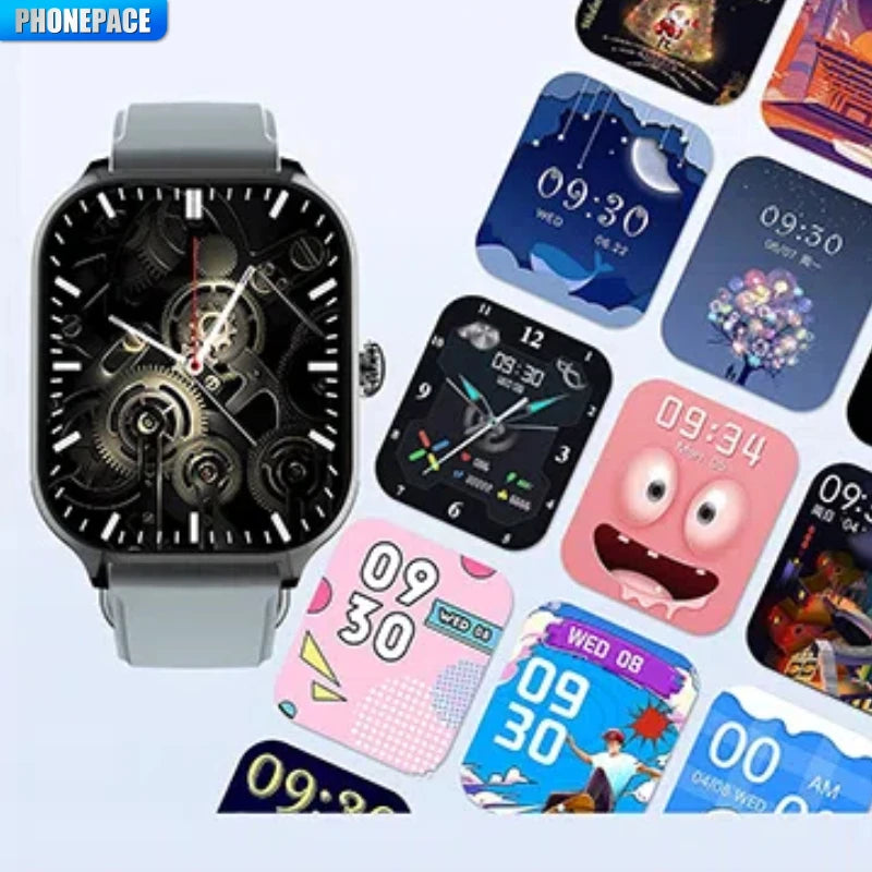 Health tracking smartwatch with black dial and light gray band, plus app screen tiles