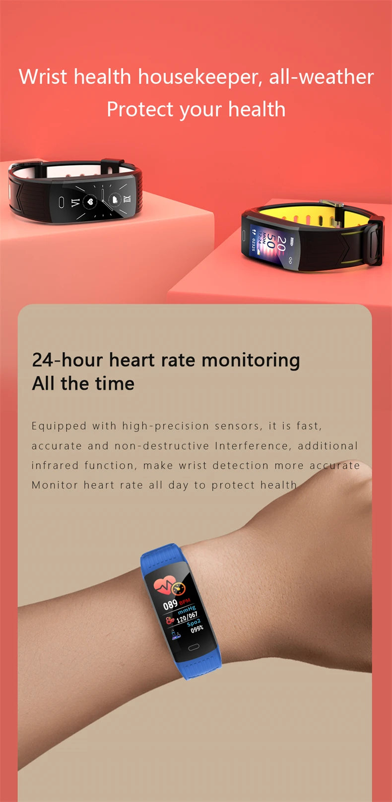 Black and blue fitness smartwatch showing health tracking screens on wrist