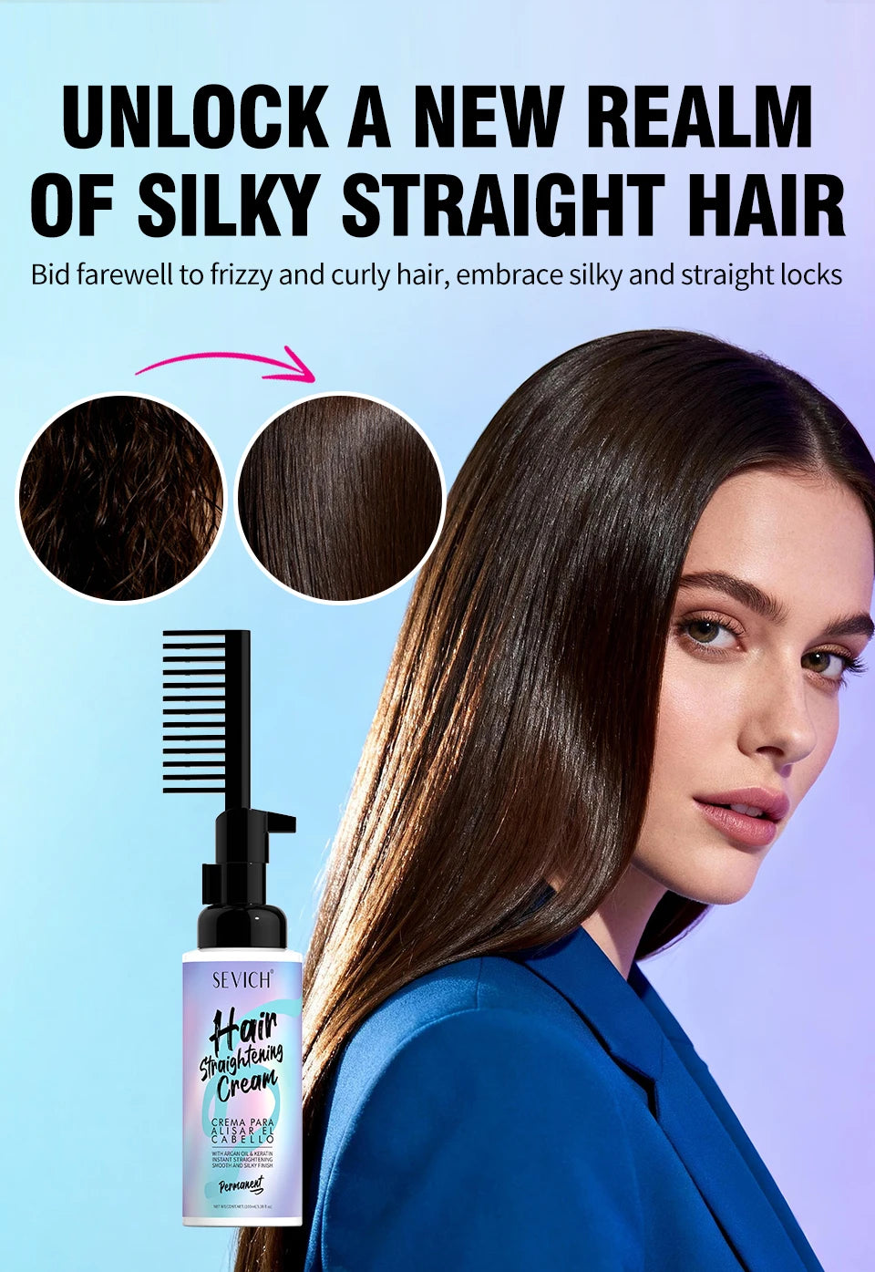 SEVICH Keratin Protein Hair Straightening Cream with Comb bottle (100ml); two circular hair swatches