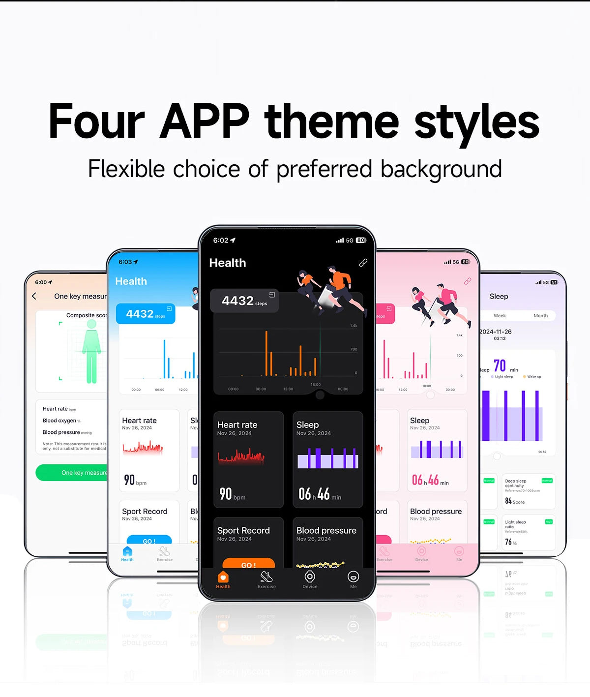 Fitness bracelet app showing four themed health screens on smartphones