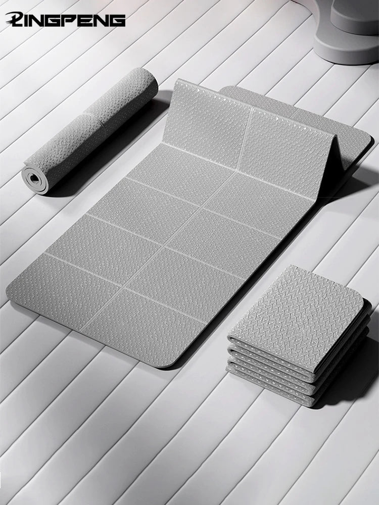 Foldable TPE yoga mat by PINGPENG, 61x183cm, light gray with non-slip grid texture