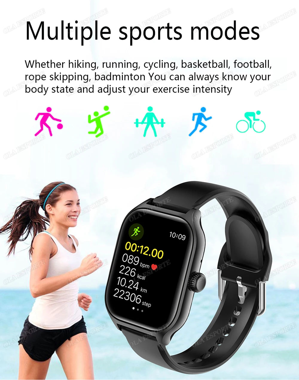 Cedar & Moore 2.01in smart watch with black band, touchscreen displaying heart rate and fitness metrics