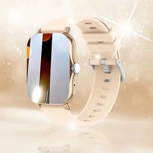 Multifunctional smart watch with gold-tone case and beige strap, 1.4-inch OLED display