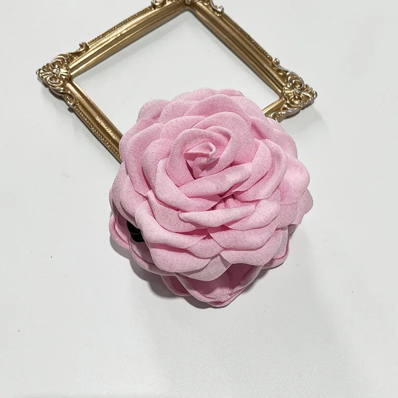 Fabric rose hair claw clip, light pink fabric flower with gold claw base